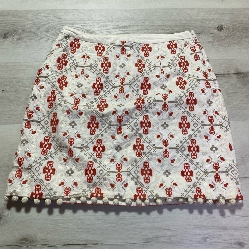 Maeve Anthropologie Cross Stitch Pom Pom Blommel Skirt, Ivory/Gray/Red, Sz 4